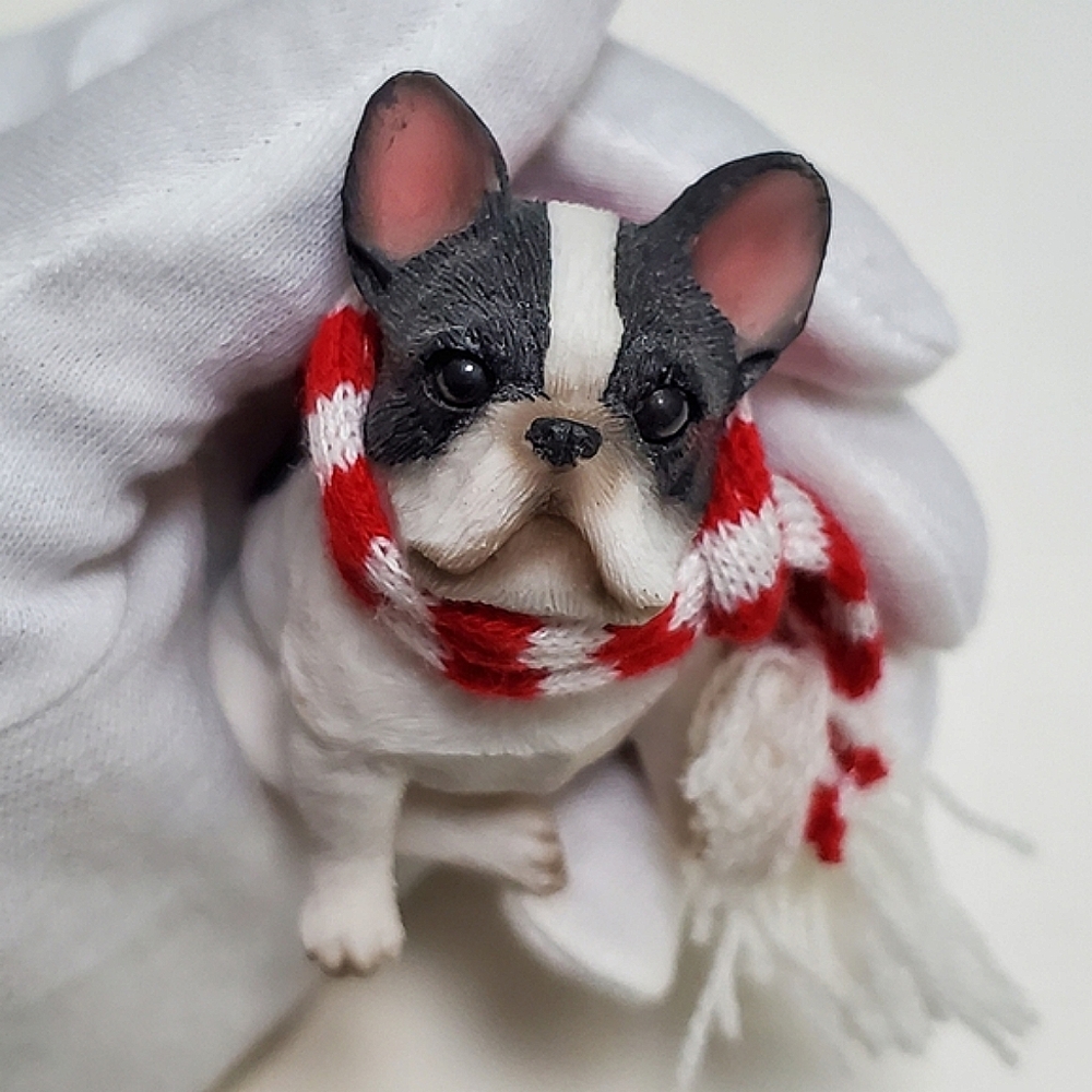 Christmas Tree Ornament Adorable French Bulldog Pup Figurine Red & White Scarf